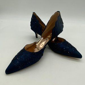 XYD navy pointy toe rhinestone slip on low heels kitten shoes